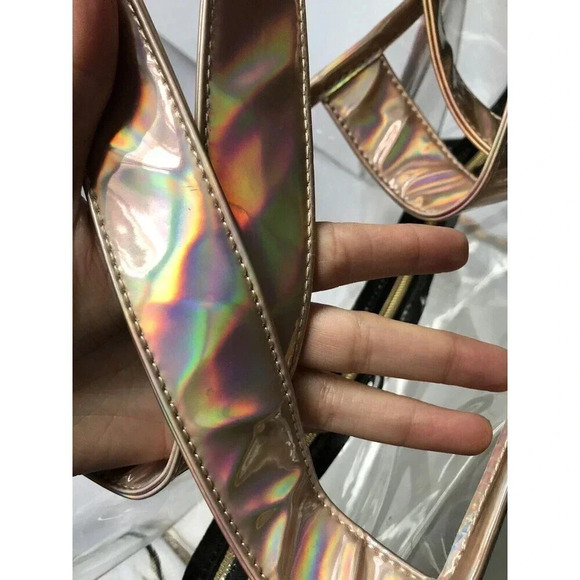 Women Fashionable Clear Plastic Transparent Handbag Tote Bag Holographic Handles - Picture 4 of 4